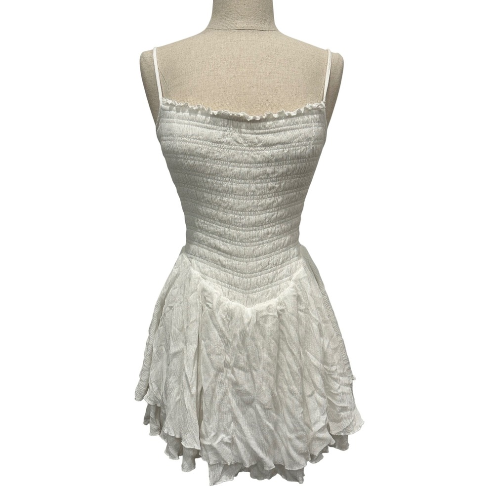 Garage‎ White Smocked Ruffle Romper Open Back Tiered Mini Dress Style Mens M